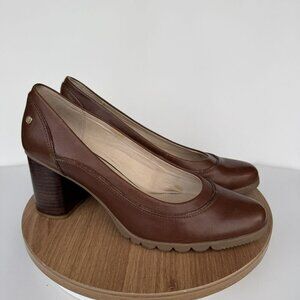 Hush Puppies‎ Spaniel Brown Leather Chunky Heel Pumps Slip-On Shoes Size 11 VGUC